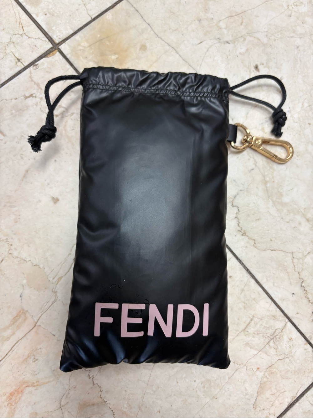 Fendi Black Drawstring Pouch with Pink Logo and Gold Hook
